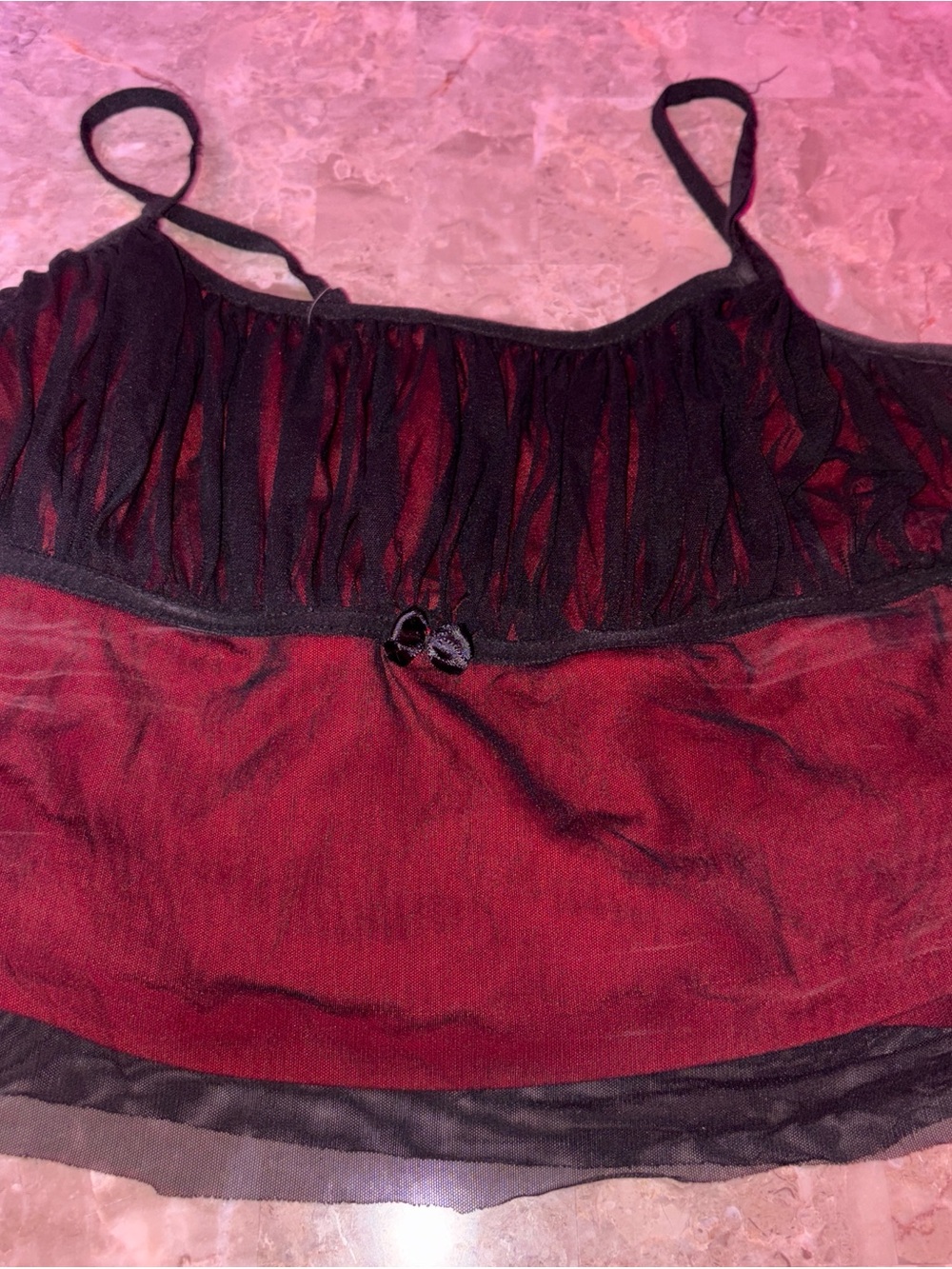 Sheer Layered Spaghetti-Strap Tank Top in Deep Wine Red